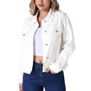 Spring Trendy Long Sleeve Button Down Pearl Denim Jacket White